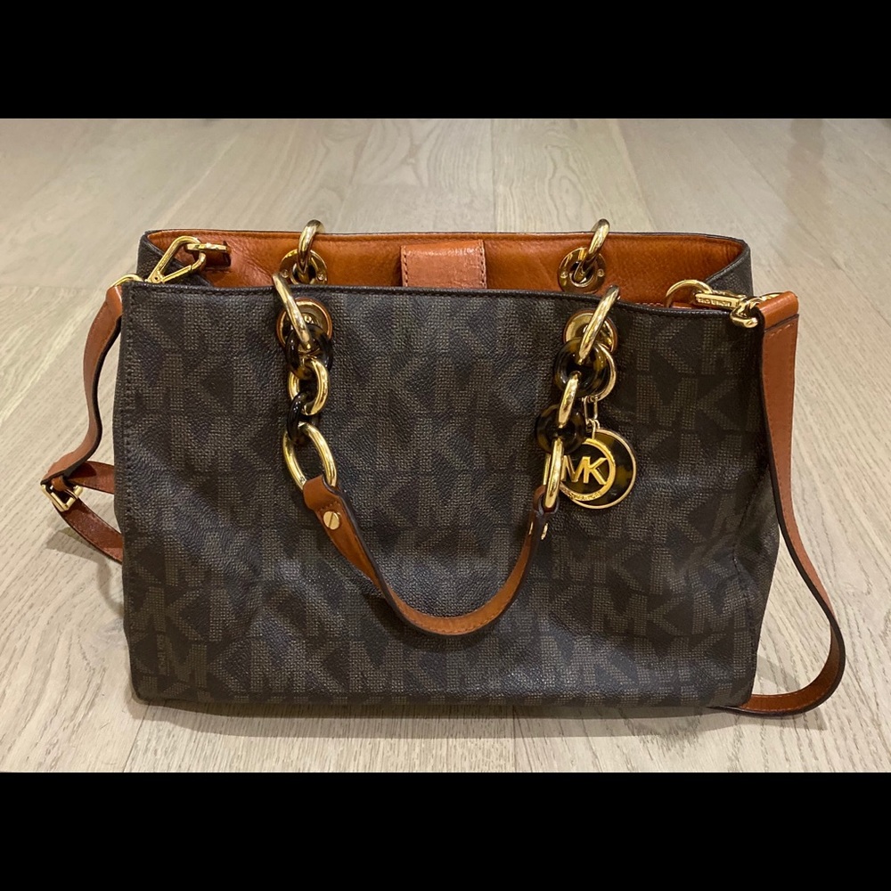 Michael Kors Brown & Gold Logo Print Shoulder Bag